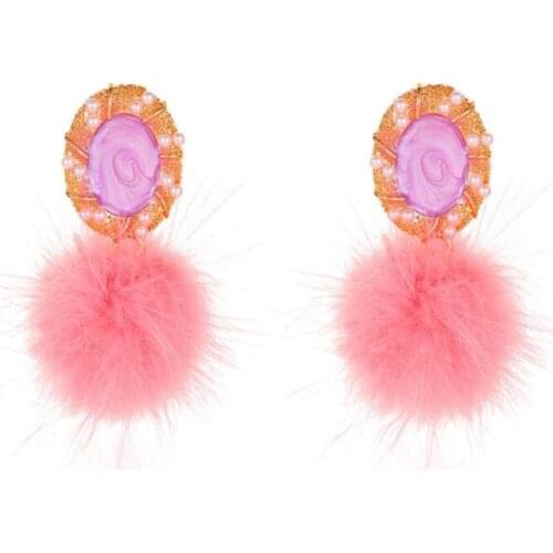 Retro Cute Imitation Pearls Dangle Earrings Soft Pink Color Fur Plush Ball Drop Earrings for Women Brinco Bijoux Jewelry Gift