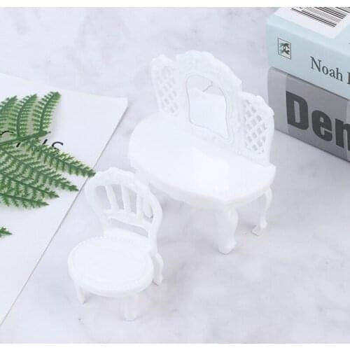 White 2pcs/Set 1:12 Dollhouse Miniature Bedroom Furniture Wooden Vanity Box With Mirror Dressing Table & Stool