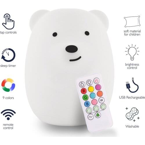 Mini Bear Lamp RGB LED Night Light Remote Control USB Rechargeable Colorful Cartoon Night Lamp for Children Kids Baby Gift