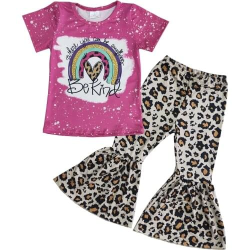 Fashion Newborn Toddler Kids Baby Girl Rainbow Heart Hot Pink Bleached Top Leopard Bell Pants Kids Summer Short Sleeve Clothes