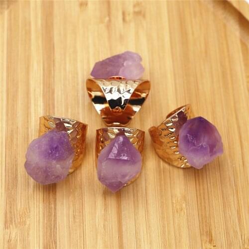 Wholesale Adjustable Gold Plated Fancy Natural Raw Amethysts Poit Flower Druzy Engagement Statement Rings