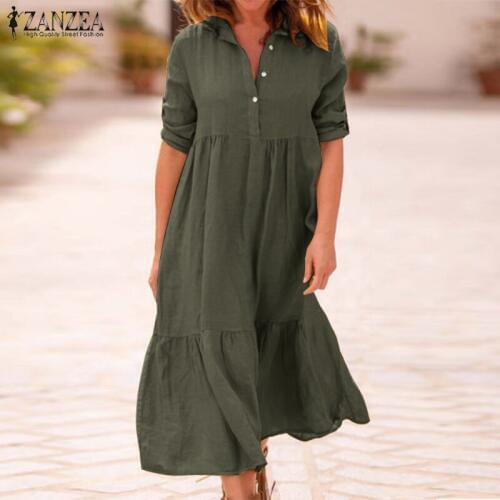 ZANZEA Women Lapel Neck Cotton Linen Dress Autumn Casual Solid Work OL Sundress Robe Femme Long Sleeve Shirt Vestido Ladies 5XL