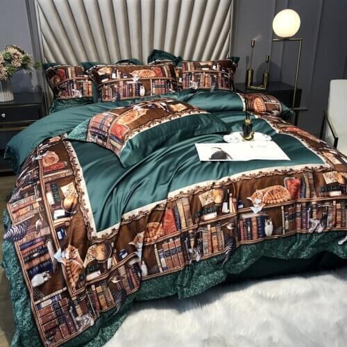 American Retro Green Bed Linen Euro 4Pcs Patchwork Cotton Bedding Set Luxury Bedspread Digital Printing Duvet Cover Quilt