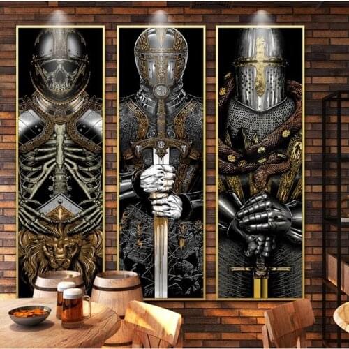 Nordic samurai Lion Posters and Prints Canvas Art Painting European Armored Warrior Wall Art Picture Industrial Loft style Decor