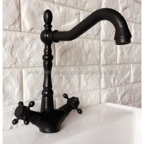 Dual Handle Swivel Bathroom Kitchen Sink Faucet Black Oil Rubbedl Brass Mixer Tap with Hot and Cold Water Deck Mounted Knf382