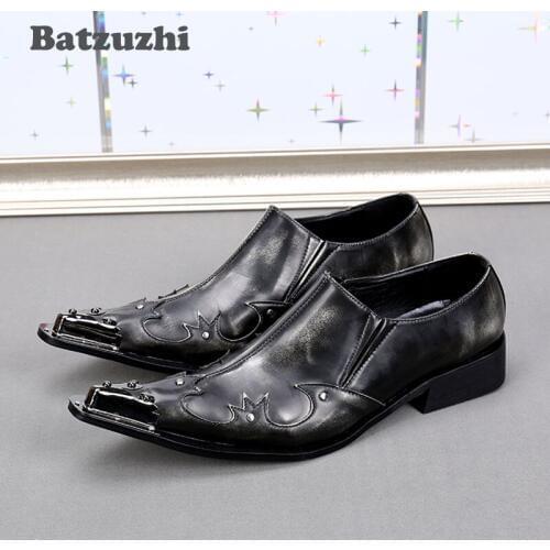 Batzuzhi Handmade Japanese Style Shoes Men Leather Bronze/Grey Pointed Iron Cap Business Dress Shoes Men Genine Leather Shoes