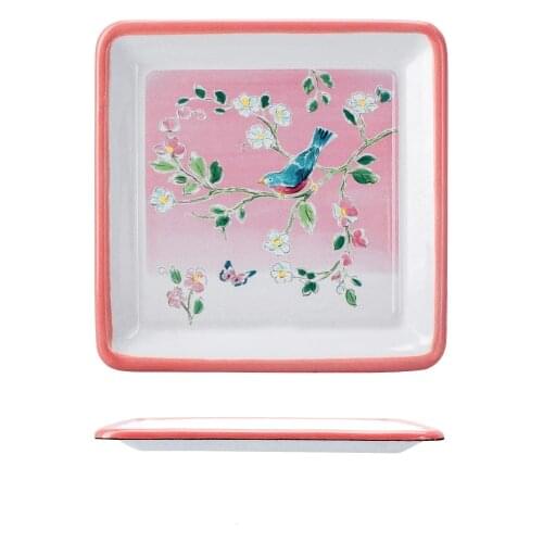 Creative Chinese Style Four Seasons Flower and Bird Enamel Dinner Plate Household Western Tableware Ins Style Enamel Salad Plate