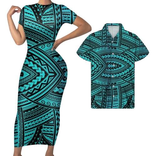 Manufacture 2021 Print Knit Bodycon Dress Women Green Summer Polynesian Sexy Short Sleeve Beach Midi Dresses Party Custom