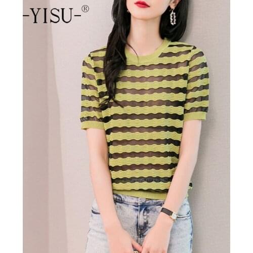 YISU 2021 Woman clothing Summer Women Sweater O-Neck Stitching stripe Knitted pullove Summer tops Female Casual Loose Jumper