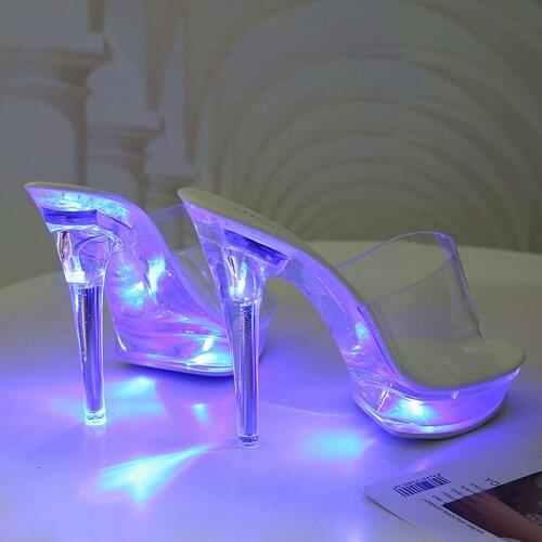 15cm Women PVC Slippers High Platform Sandals Light Up Glowing Shoes Clear Heels Sexy High Transparent Heels Stripper Slides