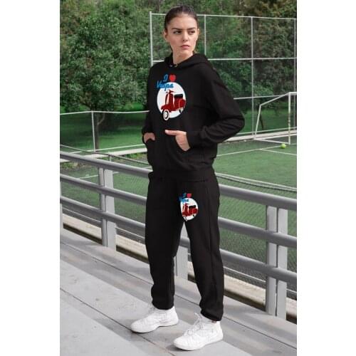 Angemiel Wear I Love Vespa Womens Sweat Suits Black Hooded Sweatshirt Black Sweatpants