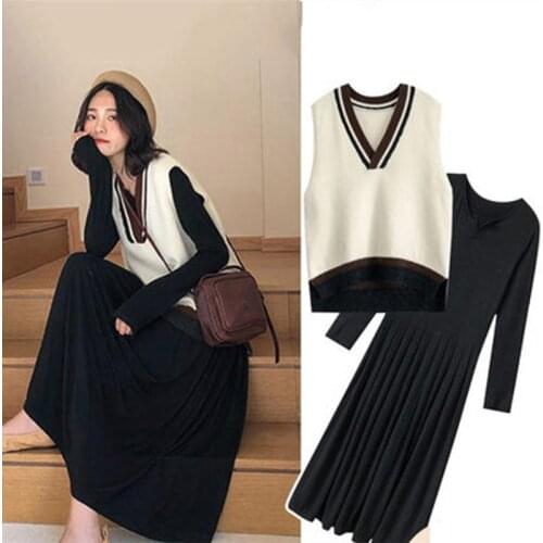 2021 Spring Womens Korean Plus Size Two-Piece Set Fashion Sweater Knitted Vest and Fresh Solid Long Sleeve Ankle-Length Dress