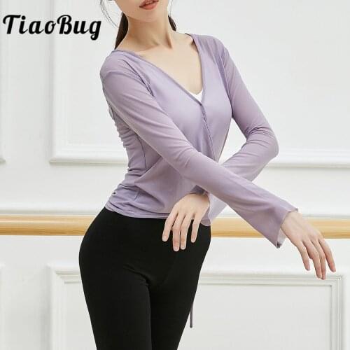 Women Dance Practice Top Long Sleeves Self Tie Workout Athletic Shirts Sweatshirts