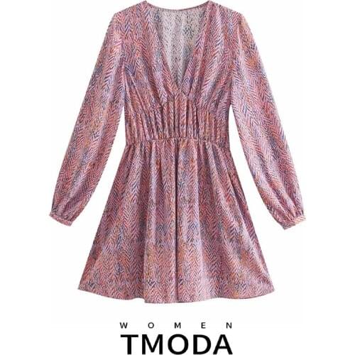 TMODA1786 Za Women 2021 Summer Fashion Gathered Printed Mini Dress Vintage Long Sleeve Elastic Waist Female Dresses Mujer