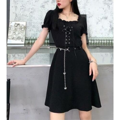 Women Fashion Black Midi Dress Vintage Summer Puff Sleeve Lace Up High Waist Femme A-line Dresses Gothic Clothes