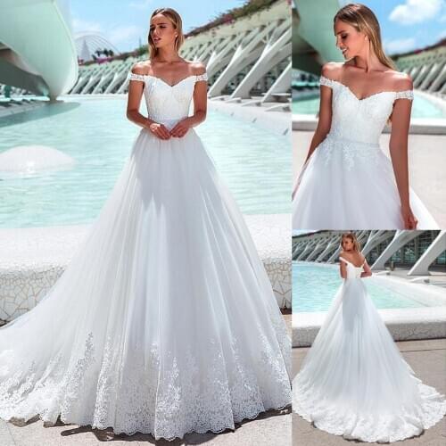 Marvelous Tulle Off-the-shoulder Neckline A-line Wedding Dresses Beading Sash with Lace Applique Bridal Gowns