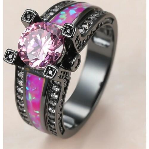 Vintage Female Pink Round Crystal Ring Charm 14KT Black Gold Wedding Rings For Women Luxury Bride Opal Big Engagement Ring