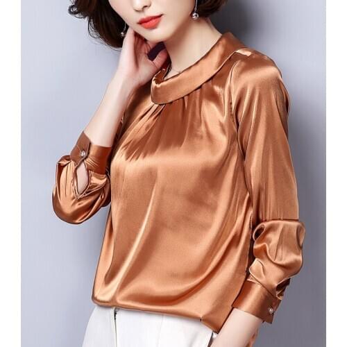 2020 Hot New Womens Vintage Satin Silky Shirt Long Sleeve Shiny Pleated Blouse Pullover Tops Solid Colors Are Versatile Comfort