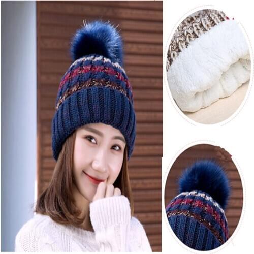 2020 New Knitted Winter Hats Women Double Thicken And Warm Cap Color Mixed Beanies Wool Toque Pompoms lovely Korean Bonnet