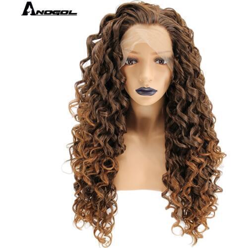 Anogol High Temperature Fiber Free Part Long Kinky Curly Brown Blonde Ombre Synthetic Lace Front Wig For White Women