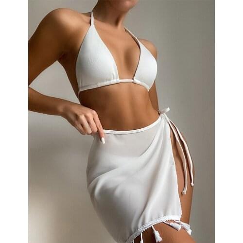 MYTENG White 3 Piece Set Bikini Halter Swimwear Women Sexy Short Skirt Bathing Suit Beachwear Triangle String Bandage Swimsuit