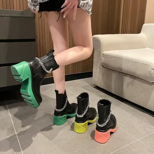 Brand Women Ankle Boots Med Heel Platform Non Slip PU Leather Soft Short Boots Shoes Green Round Toe Slip On Martin Boots 2021