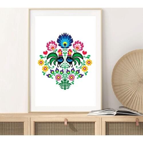 Floral Pattern Artwork Poster Poland Folk Art Canvas Prints Roosters Decoration Painting Polish Wall Picture Home Wall Art Decor