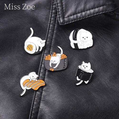 Yummy Sushi Lazy Food Cat Enamel Pin Cute Sushi Cats Food Fun Brooches Badges For Bag Kawaii Accessories Kids Women Girl Jewelry