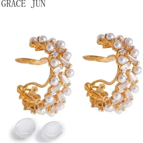 GRACE JUN High Quality CZ Pearl Hoop Clip on Earrings No Pierced for Girls Student Party Prom Luxury Fashion Gold Color Ear Clip