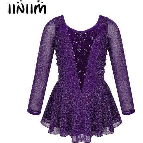 Iiniim Kids Girls Shiny Velvet Ice Skate Lyrical Swept Dress Figure Skating Dress Ballroom Dance Gymnastics Leotard Costumes