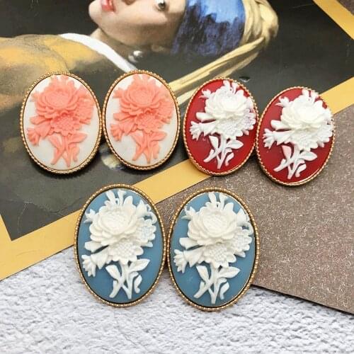 Statement Vintage Earrings Stud Vintage Hyperbole Oval Shape Flower Resin Pink Blue Red Stylish Jewelry