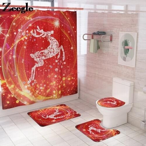 Red Joyous Bath Mat and Shower Curtain Set Christmas Home Decor Bath Mat Bathroom Shower Room Bath Curtain Toilet Floor Mats