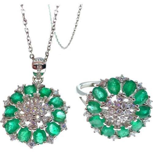 Natural green Emerald Ring Pendant Natural Gemstone Jewelry Set S925 Silver Luxurious big Sun flower girls party gift jewelry
