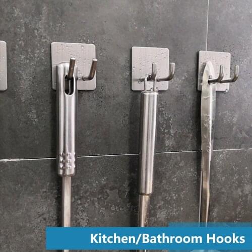 Stainless Steel Wall Hooks Bag Clothes Towel Hanger Waterproof Sticky Self Adhesive Storage Holders Kitchen Bathroom Rack