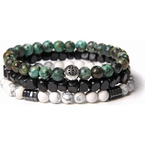 Natural Afrian Turquois Black Square Wood Silver Color Charm Beads Howlite 6 mm Stone Beads Bracelets Men Elastic Jewelry Women