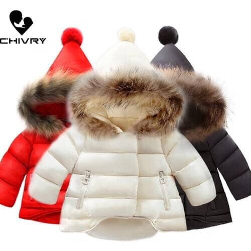 New 2020 Children Parka Winter Warm Down Jackets Kids Girls Solid Zipper Fur Collar Hooded Cotton-padded Coat Thicken Outerwear