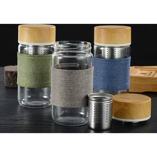 Single-layer glass personality linen cup cover stainless steel mesh net bamboo cover tea separation flower tea cup