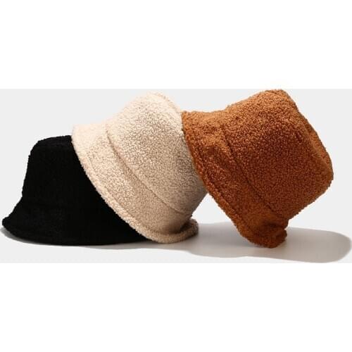 New Solid Bucket Hat Autumn Winter Teddy Velvet Soft Warm Sun Hat Vacation Caps Faux Fur Fishing Cap Panama for Women Men