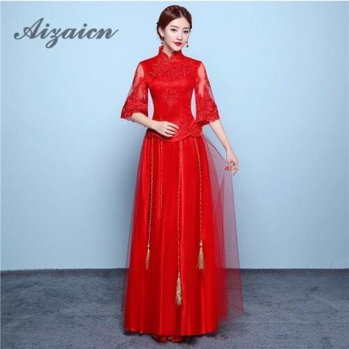 Modern Bride Embroidery Cheongsam Red Price Long Dresses Qi Pao Women Traditional Chinese Wedding Dress Qipao Robe Orientale