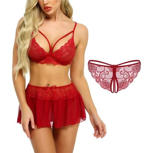 Sexy Lingerie Women Transparent High Waist Plus Size Crotchless Underwear Lace Floral Bra Set of 3 Exotic Apparel Costumes Dress