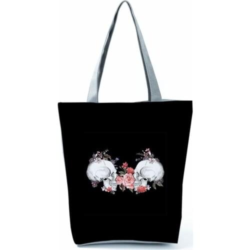 Halloween Floral Skull Print Handbags Fashion Eco Reusable Shopping Bags Large Capacity Tote Black Cool Style Women Shoulder Bag
