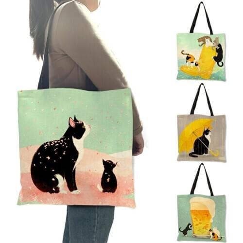 Cartoon Cat Printed Shoulder Bag Women Foldable Shopping Bag Designer Handbags For Women Lady B06031