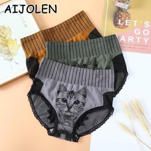 AIJOLEN High-waist Briefs Striped Women' Panties Cute Cat Underpants High-elasticity Lingerie Panties Slim-fit Belly-up Hip Pant