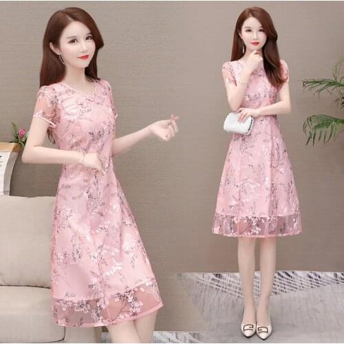 Improved Version Cheongsam Dress Womens Summer 2021 New Slim Thin Mesh Floral Chiffon Ladies Dress High Waist Floral Dresses