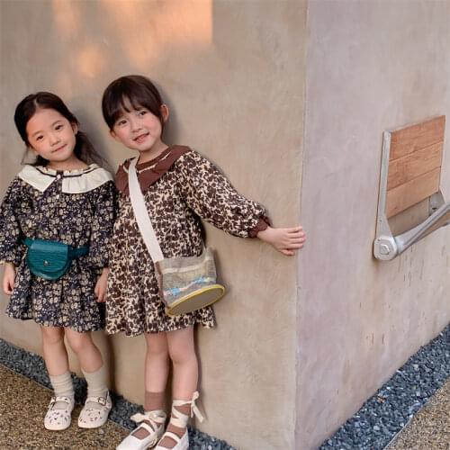 Vintage Flower Girls Dresses Korean Floral Toddler Chidlren One Piece Dress 2021 New Autumn Kids Clothes Girls Corduroy Frocks