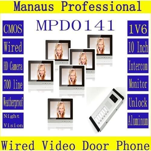 High Quality 10 inch TFT Color Wired Digital One to Six Video Door Phone System,Smart Home Waterproof Video Intercom Phone D141b