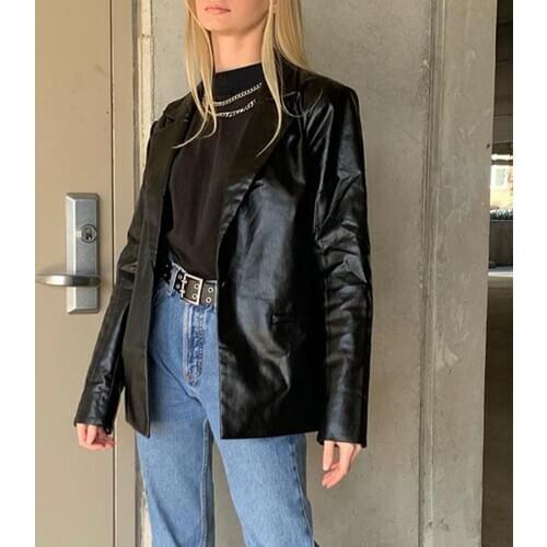 2021 Women Black PU Leather Jacket Autumn Coat Thin Streetwear Spring Women Jacket Vintage 90s Outfits Y2k Esthetic Gothic