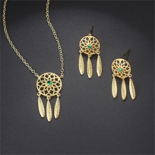 Indian Style Dreamcather Sets For Women Necklace & Earring Green Zircon Light Gold Color Retro Ethnic Fashion Jewelry S524