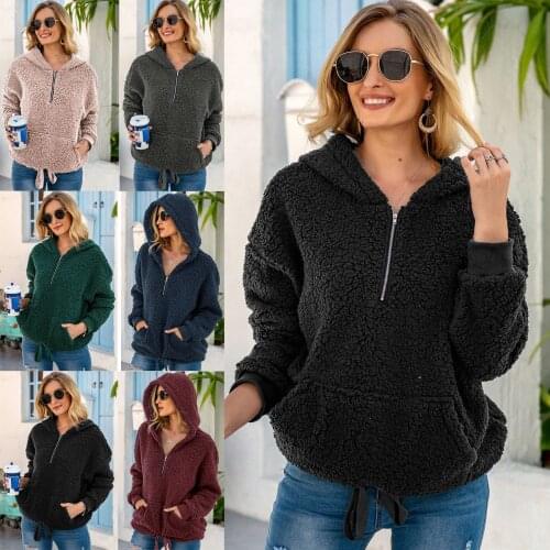 Women Hoodies Fashion Sweatshirts Hooded Zipper Pockets Top Female Winter Fall Warm Thick Soft Casual Loose Pullovers 2021