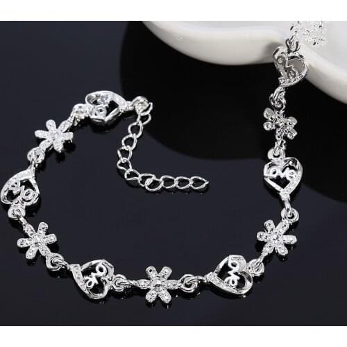 Hot fine jewelry Wedding party birthday gift 925 sterling silver Bracelet Fashion crystal romantic heart flowers chain for woman